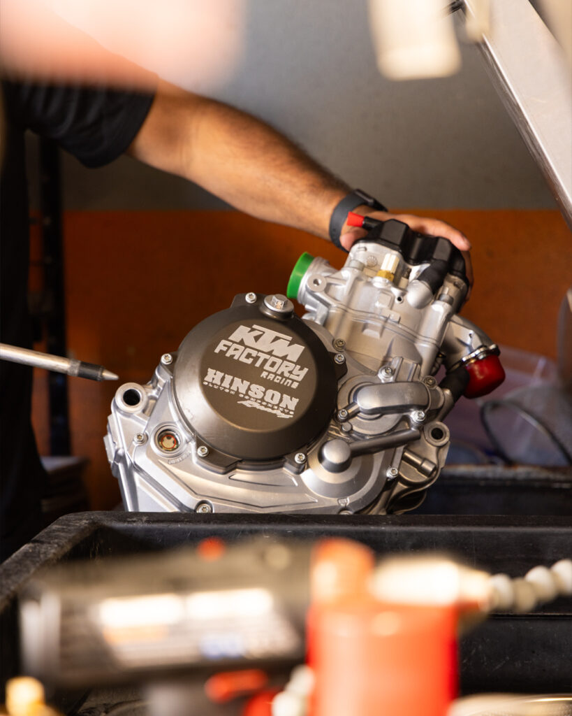 Dirt bike engine on a workbench